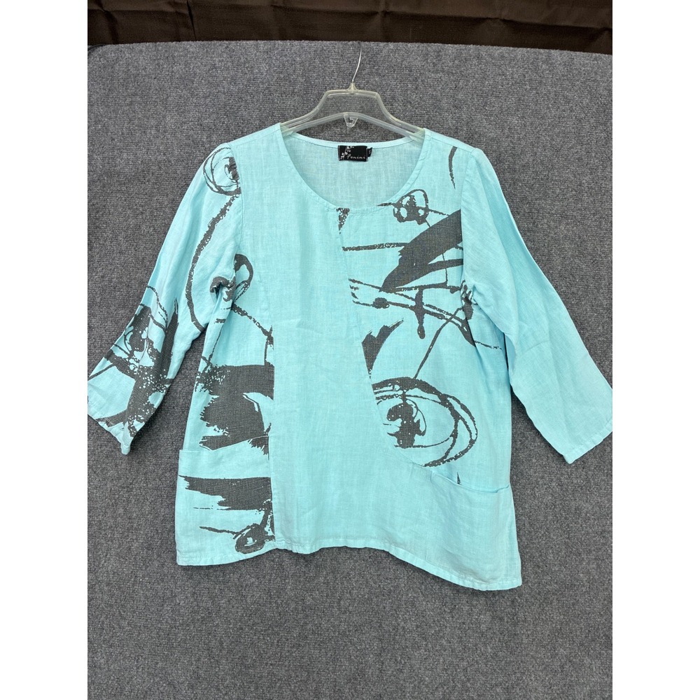 Fenini Womens Medium Linen Tunic Top Turquoise Blue Abstract Graphic Prt Pockets